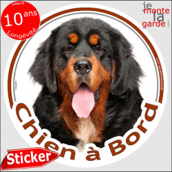 Dogue du Tibet noir et feu, sticker autocollant rond "Chien à Bord" Disque photo adhésif voiture