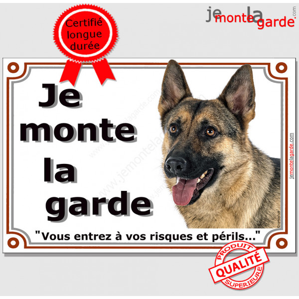 Plaque portail, photo Berger Allemand gris Tête "Je Monte la Garde risques périls" pancarte Attention au Chien photo