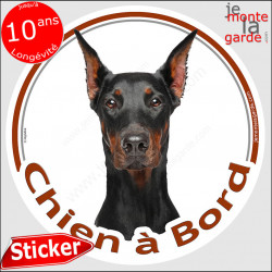 Dobermann noir et feu aux oreilles taillées, sticker autocollant rond "Chien à Bord" Disque adhésif vitre voiture chien photo