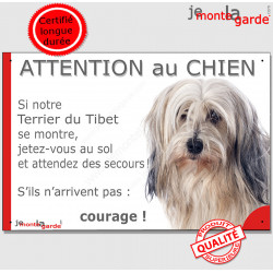 Terrier du Tibet fauve poils longs, plaque portail humour "Attention au Chien, Jetez Vous au Sol, attendez secours, courage"