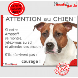 Am-Staff fauve et blanc, plaque portail humour," Attention au chien, jetez Vous au Sol, courage" pancarte drôle panneau marrant