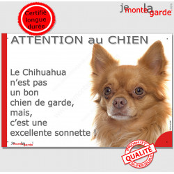 plaque portail humour "Attention au Chien, notre Chihuahua fauve caramel à poils longs garde est une sonnette" pancarte photo ch