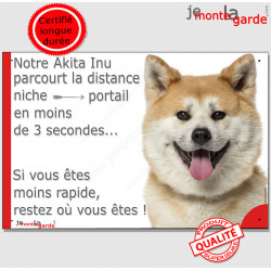 Akita Inu Japonais fauve, plaque humour "parcourt distance Niche - Portail 3 secondes" Pancarte photo drôle, Panneau marrant