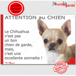 plaque portail humour "Attention au Chien, notre Chihuahua blanc et fauve sable à poils courts garde est une sonnette" pancarte 