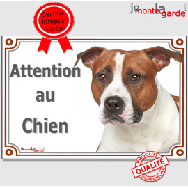 American Staffordshire fauve, plaque portail "Attention au Chien" photo Amstaff Staffordshire Terrier résiste intempéries