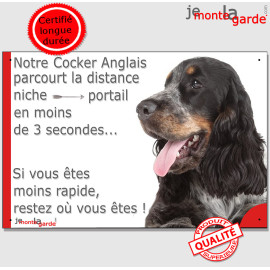 Cocker Anglais tricolore bleu roan et feu, plaque humour "distance niche-portail 3 secondes" attention au chien photo, résiste p
