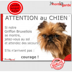 Griffon Bruxellois, plaque portail humour "Attention au Chien, Jetez Vous au Sol attendez secours, courage" pancarte drôle photo