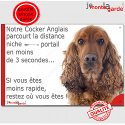 Cocker Anglais Golden, plaque humour "parcourt distance niche-portail moins 3 secondes, rapide" attention au chien photo