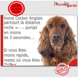 Cocker Anglais Golden tête, plaque humour "distance niche-portail 3 secondes" pancarte attention au chien photo Cocker marron