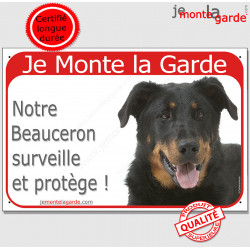 Beauceron, Plaque Portail "Je Monte la Garde, surveille protège" pancarte, panneau Berger de Beauce attention au chien photo