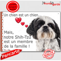 Shih-Tzu blanc avec tâches noires, plaque "Membre de la Famille" intérieur extérieur panneau pancarte affiche photo