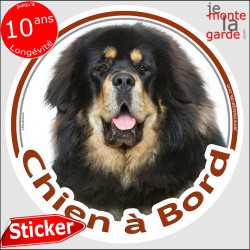 Dogue du Tibet noir et feu, sticker autocollant rond "Chien à Bord" Disque photo adhésif voiture