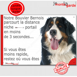 Bouvier Bernois, plaque Portail humoristique" parcourt distance niche portail 3 secondes" pancarte panneau attention chien photo