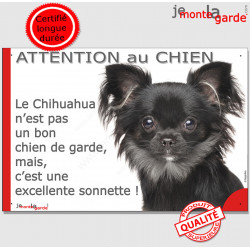 plaque portail humour "Attention au Chien, notre Chihuahua tout noir à poils longs garde est une sonnette" pancarte