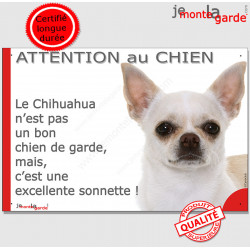 plaque portail humour "Attention au Chien, notre Chihuahua blanc et beige à poils courts est une sonnette" pancarte photo