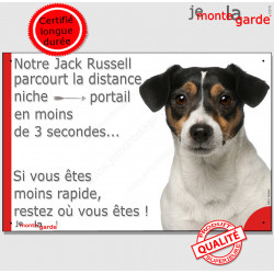 Jack Russel tricolore Tête, plaque humour "parcourt distance Niche - Portail moins de 3 secondes" pancarte photo panneau drôle