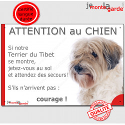 Terrier du Tibet fauve, plaque portail humour "Attention au Chien, Jetez Vous au Sol, attendez secours, courage" tibétain photo