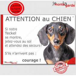 Teckel, plaque humour "Jetez Vous au Sol, Attention au Chien" 24 cm