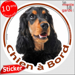 Cocker Anglais noir et feu, sticker autocollant rond "Chien à Bord" Disque photo adhésif vitre voiture chien Spaniel