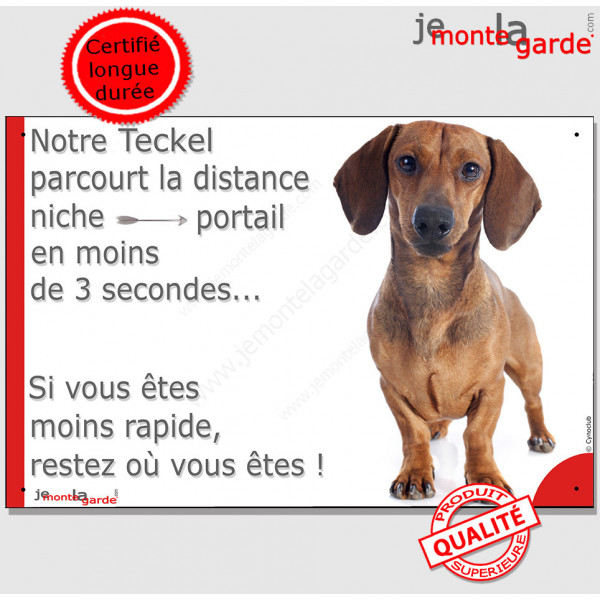 Teckel fauve Poils Ras, Plaque Portail humoristique "parcourt la distance niche portail moins 3 secondes" pancarte panneau