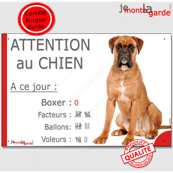 Boxer Fauve assis, plaque portail humour "Attention au Chien, Nombre de Voleurs, ballons, facteurs" pancarte photo drôle