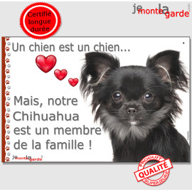 Chihuahua noir poils longs, plaque "Un chien est Membre de la Famille" photo cadre, résiste pluie soleil gel, idée cadeau