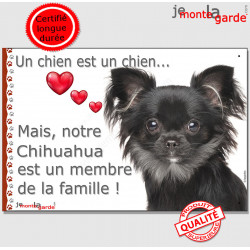 Chihuahua noir poils longs, plaque "Un chien est Membre de la Famille" photo panneau idée cadeau cadre pancarte affiche