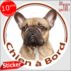 Bouledogue Français Fauve, sticker autocollant rond "Chien à Bord" Disque adhésif photo Bulldog beige sable