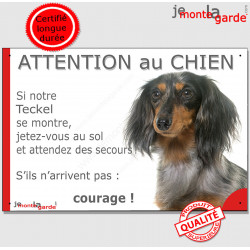 Teckel poils longs merle, plaque portail humour "Attention au chien, Jetez Vous au Sol, courage" pancarte drôle panneau Arlequin