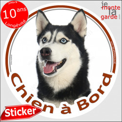 Husky noir et blanc, sticker autocollant rond "Chien à Bord" Disque adhésif vitre voiture photo