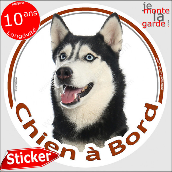 Husky noir et blanc, sticker autocollant rond "Chien à Bord" Disque adhésif vitre voiture photo