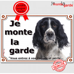Springer noir et blanc, Plaque portail "Je monte la garde, risque péril" panneau, pancarte photo springeur attention au chien