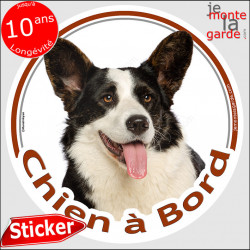 Welsh Corgi blanc et noir bringé, disque photo autocollant "Chien à Bord" Sticker adhésif rond vitre voiture pembroke cardigan