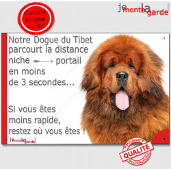 Dogue du Tibet fauve rouge, plaque humour "parcourt distance Niche-Portail moins 3 secondes, rapide" pancarte photo attention 