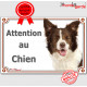Border Collie marron chocolat et blanc, plaque "Attention au Chien" pancarte photo race, panneau portail