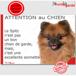 Plaque portail "Attention au Chien, notre Spitz Loulou fauve orange est une excellente sonnette" pancarte humour panneau
