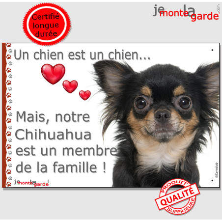 Chihuahua noir et feu poils longs, plaque photo "Un chien est Membre de la Famille" idée cadeau cadre, résiste pluie soleil gel,