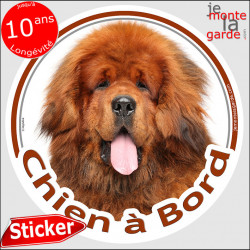 Dogue du Tibet fauve rouge, sticker autocollant rond "Chien à Bord" Disque photo adhésif voiture acajou orange