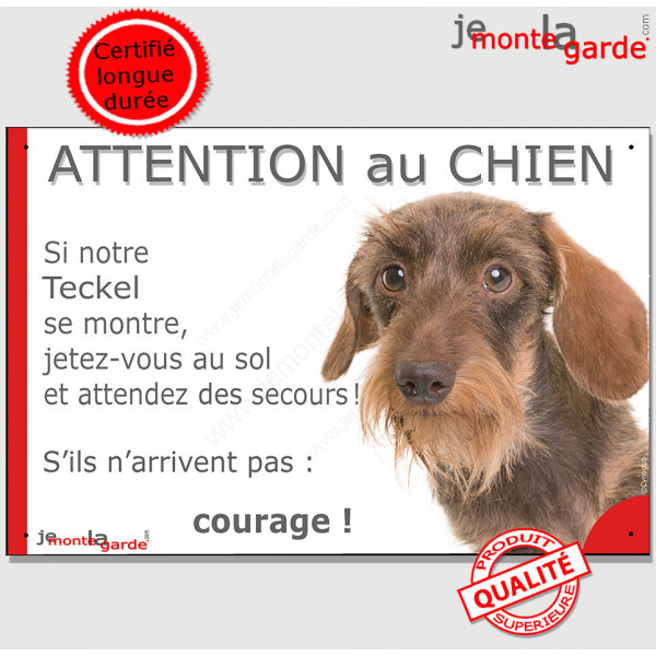 Teckel poils durs fauve, plaque portail humour "Attention au chien, Jetez Vous au Sol, courage" pancarte drôle panneau photo