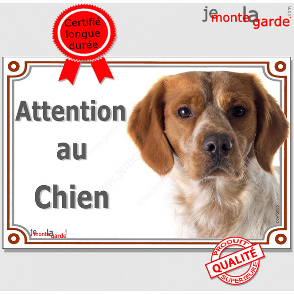 Epagneul Breton blanc et orange Tête, plaque portail "Attention au Chien" panneau pancarte photo