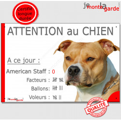 Amstaff fauve et blanc, plaque portail humour "Attention au Chien Nombre de Voleurs, ballons, facteurs" pancarte drole photo