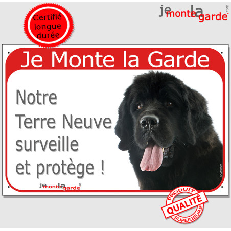 Terre Neuve Noir tête, plaque portail rouge "Je Monte la Garde, surveille et protège" photo résiste pluie soleil gel, idée cadea