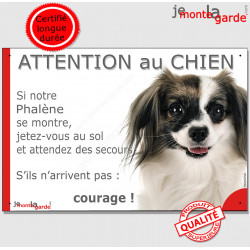 Epagneul Continental Nain Phalène, plaque portail humour "Attention au Chien, Jetez Vous au Sol, attendez secours, courage"