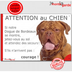 Dogue de Bordeaux fauve acajou à masque face rouge tête, plaque humour "Jetez Vous au Sol, Attention au Chien" pancarte panneau