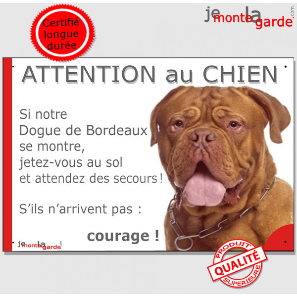 Dogue de Bordeaux fauve acajou à masque face rouge tête, plaque portail humour photo "Attention au Chien, Jetez Vous au Sol atte