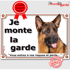 Berger Allemand noir et feu à poils courts, plaque portail "Je Monte la Garde, risques périls" photo, résiste pluie soleil gel, 