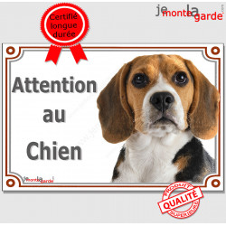 Beagle tricolore, plaque portail "Attention au Chien", pancarte panneau photo race affiche