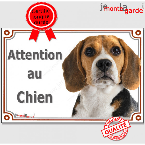 Beagle tricolore, plaque portail "Attention au Chien", pancarte panneau photo race affiche