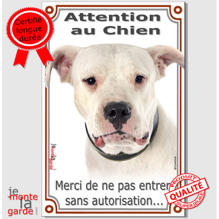 Dogue Argentin tête, plaque portail verticale "Attention au Chien, merci de ne pas entrer sans autorisation" photo, résiste plui