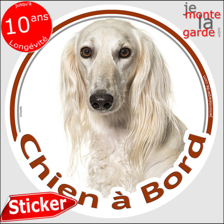 Lévrier Saluki Persan entièrement blanc, disque photo autocollant "Chien à Bord" Sticker adhésif rond vitre voiture, résiste plu